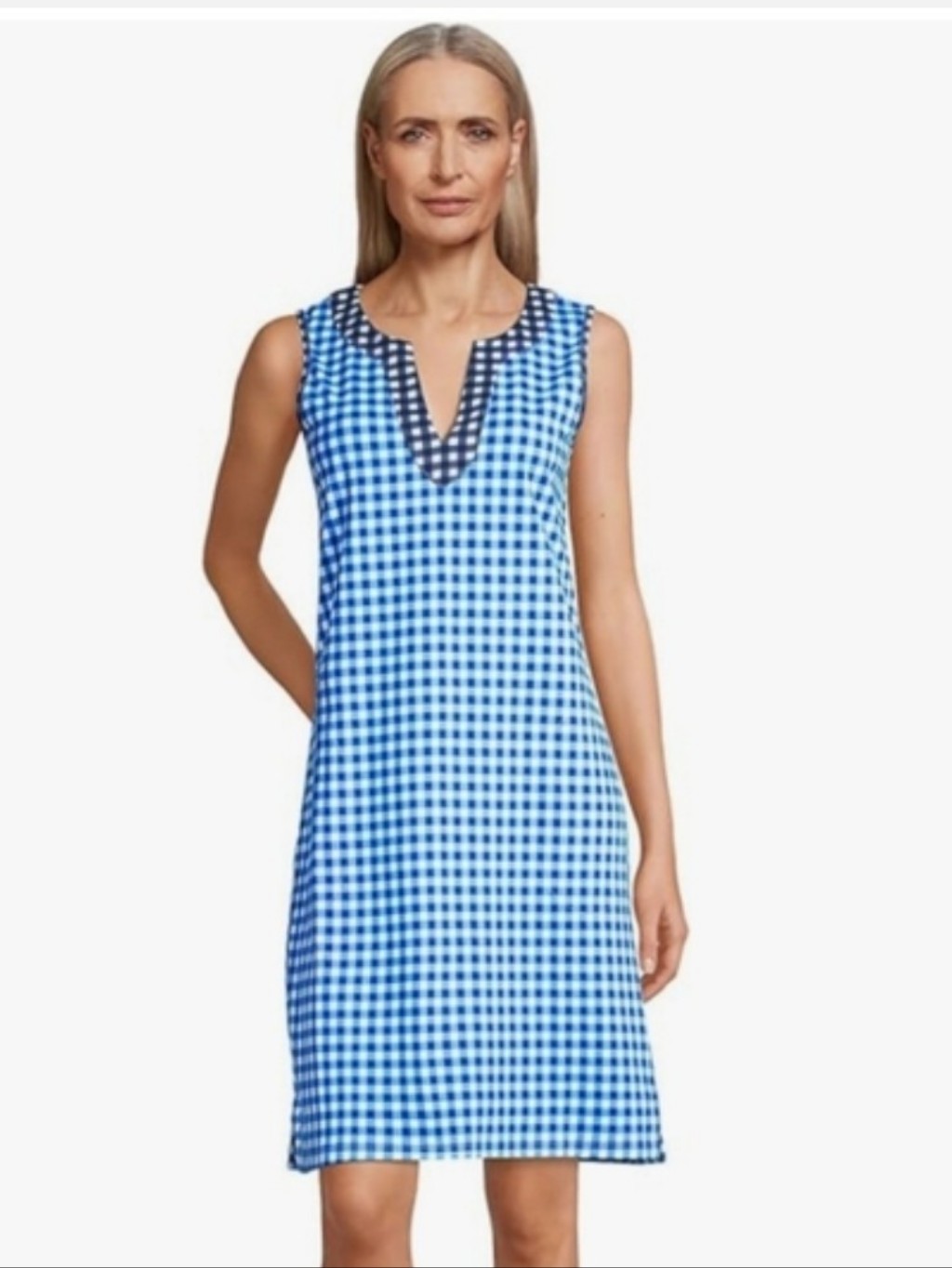 Draper James Blue And White Gingham V-Notch Sleeveless Swim Coverup